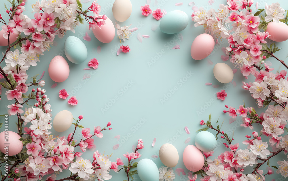 Easter eggs and cherry blossoms on pastel blue background with copy space. Easter eggs and cherry blossoms on pastel blue background with copy space.
