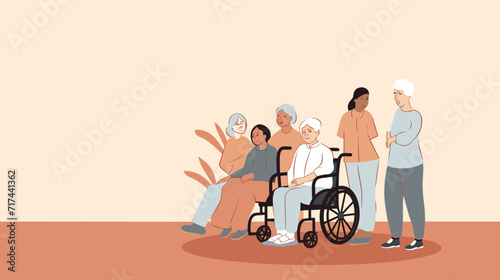 Vector illustration of diverse caregivers assisting elderly individuals with everyday activities  representing the collaborative and supportive aspects of caregiving in a meaningful vector art