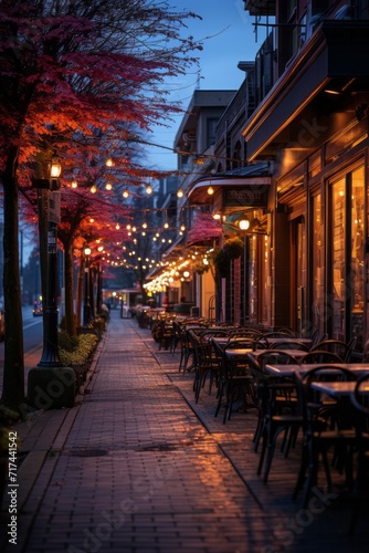 Bustling urban street with illuminated bars and restaurants at twilight  Generative AI