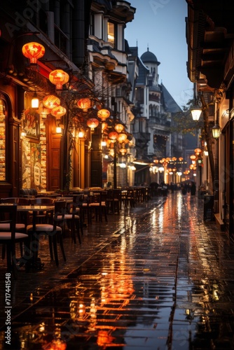 Bustling urban street with illuminated bars and restaurants at twilight, Generative AI © Shooting Star Std