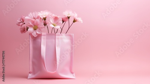 A pink bag with flowers inside is pictured in front of the ping wall. generative ai. photo