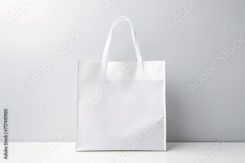 Minimalist white bag in photo in front of a gray background