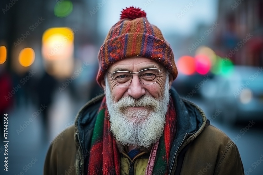 Portrait of an old man with a long white beard, wearing a hat and scarf, standing on a street in New York City