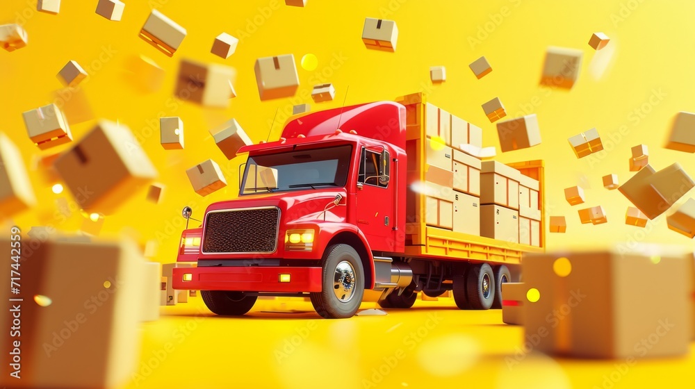 red truck with a load of boxes on a yellow background red truck with a load of boxes on a yellow background