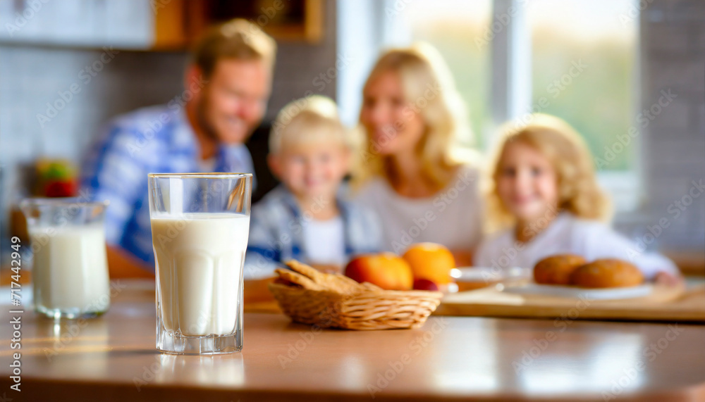 Happy family having breakfast at home. Focus on the glass of milk