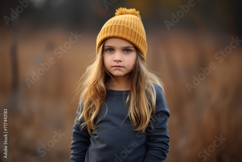 Portrait of a little girl in a knitted hat on a background of autumn nature.