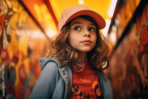 A portrait of a cute little girl in a cap and a jacket on a background of graffiti.