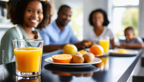 Close up of glass of orange juice on table with family in background