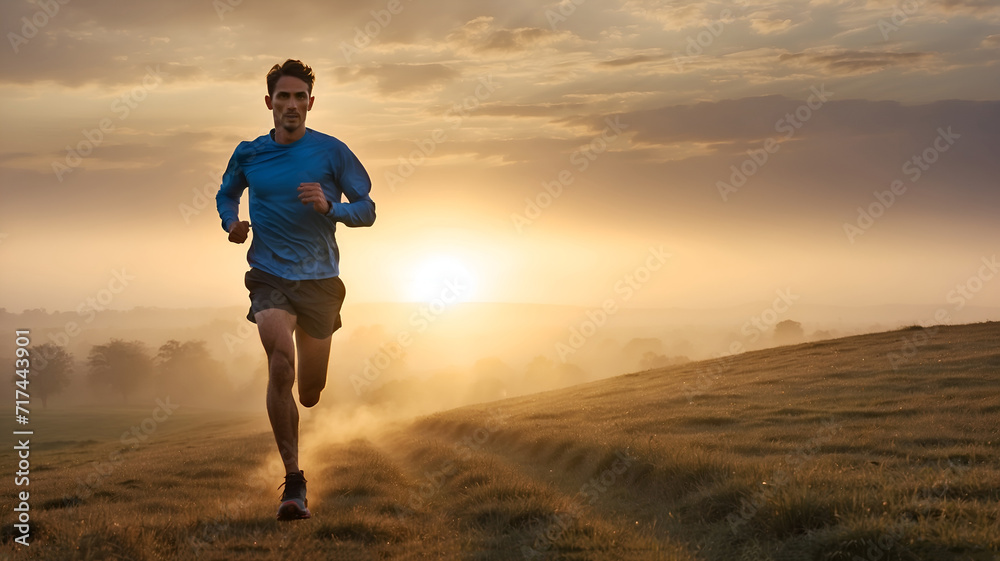 Cross-country running in early morning sunrise