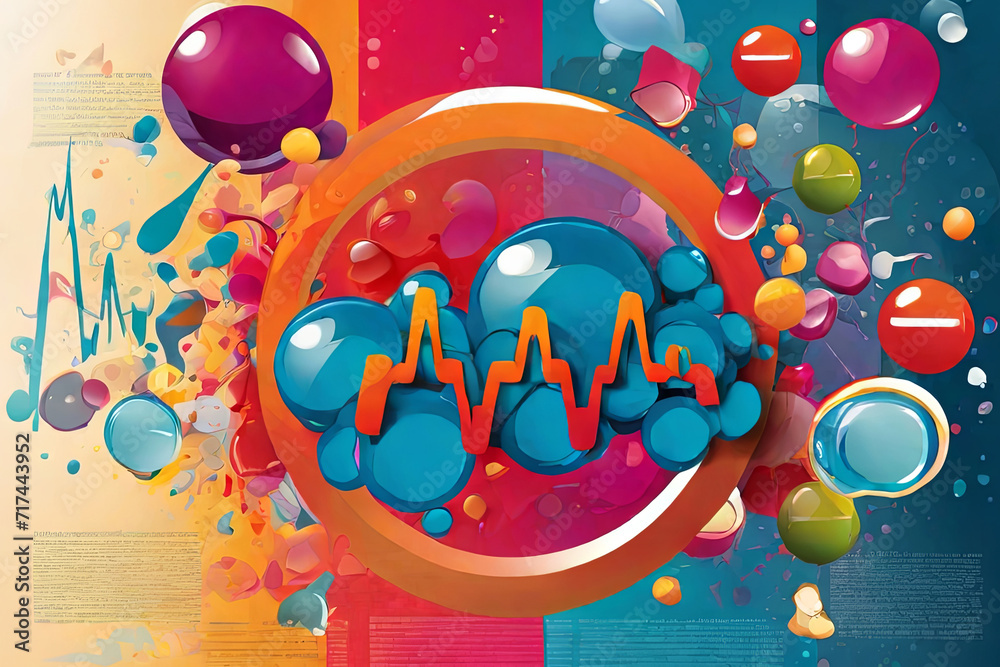 Obraz premium Pulse of Wellness. A dynamic color poster with bubbles and heartbeat rhythm, promoting elements of sport and a healthy lifestyle in vibrant vector illustration.
