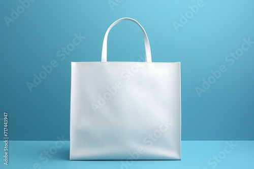 White shopping bag made of paper in the photo in front of a blue wall. generative ai.