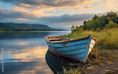 Old rusty fishing boat along the shore of the lake with clouds