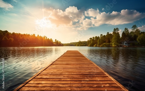 A pier on a lake with clouds and a beautiful landscape