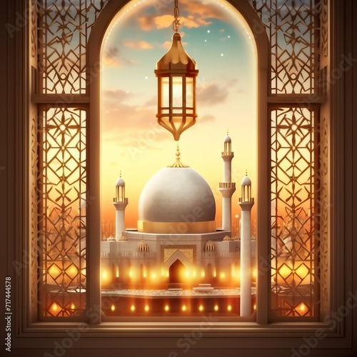 Eid mubarak and ramadan kareem greetings with islamic lantern and mosque. Eid al fitr background