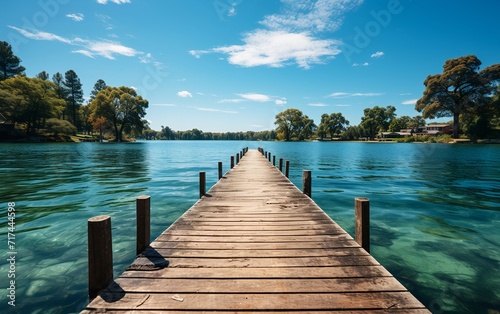 A pier on a lake with clouds and a beautiful landscape © AmirsCraft