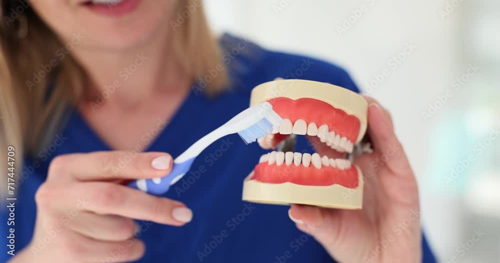 Doctor demonstrates process of brushing teeth with toothbrush using a