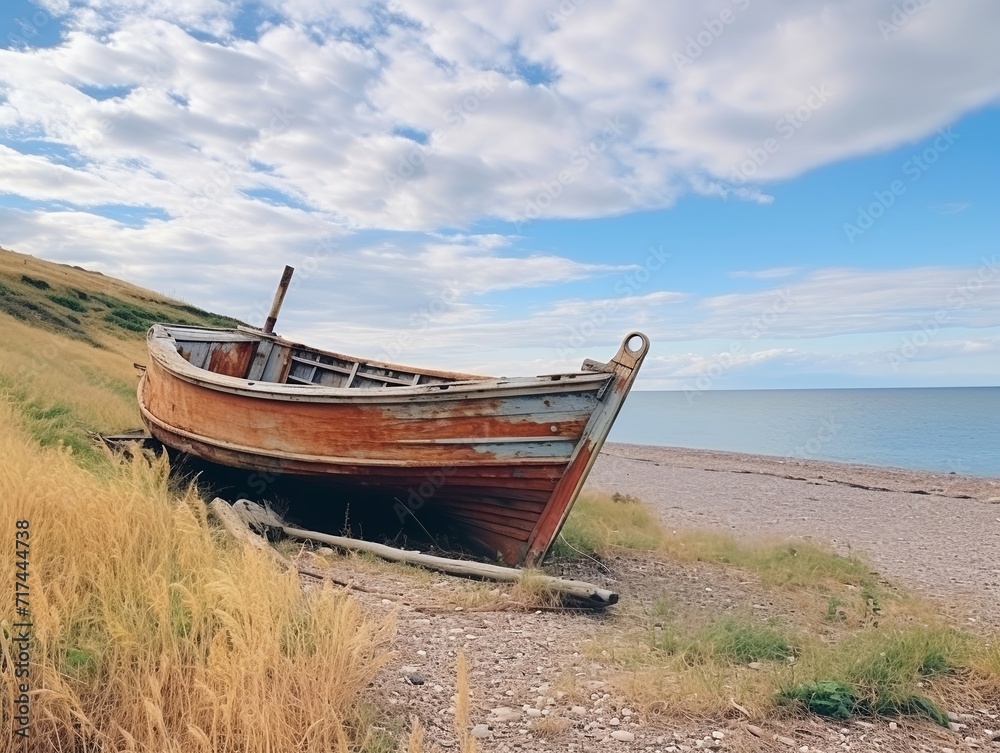 Old rusty fishing boat along the shore of the lake with clouds