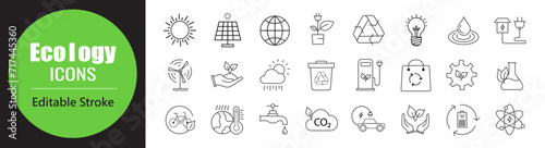 Ecology and energy thin line icons Editable Stroke Icon, Eco Friendly, Environmental sustainability, climate change, green leaves, renewable energy, green technology, Vector illustration