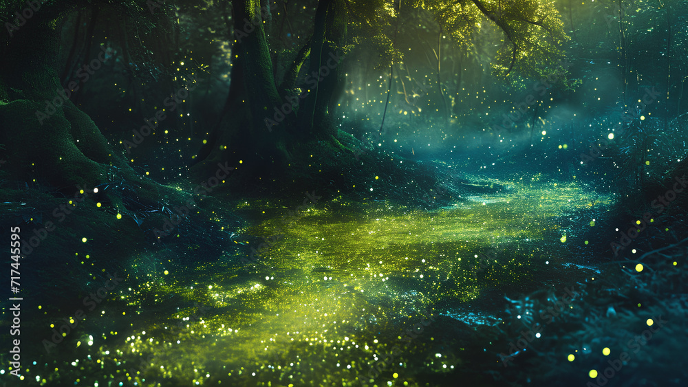 Enchanting woodland magic: Fireflies illuminate the night in a mesmerizing dance beneath the forest canopy.