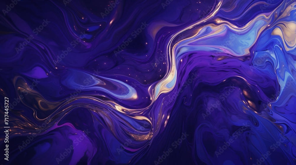 Fototapeta Blue Purple Gold Liquid Ink Churning Together. Digital Art 3D Illustration
