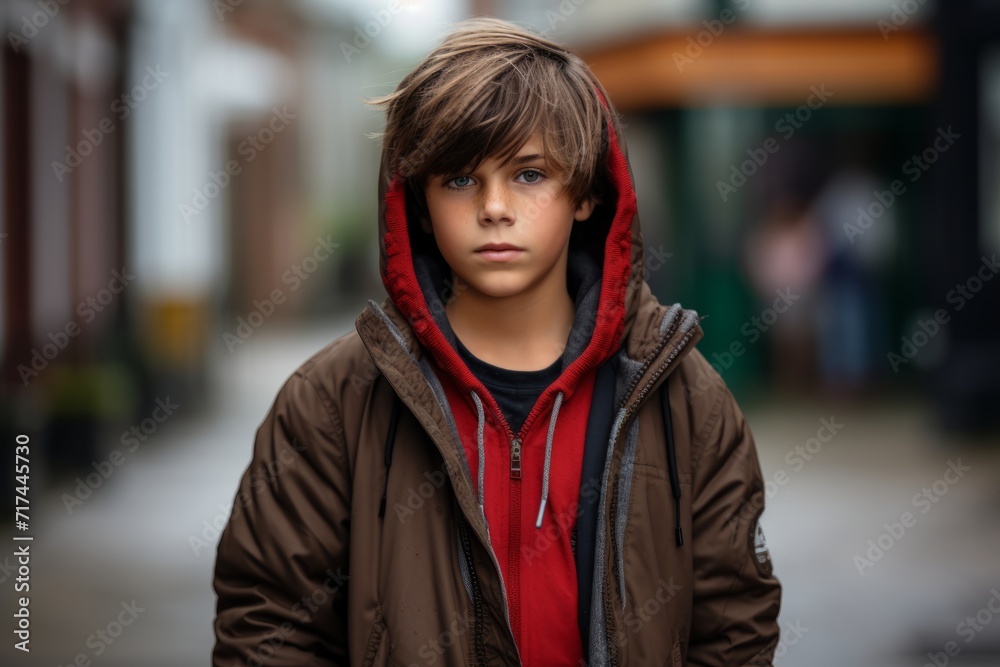 Portrait of a boy in a coat on the street in the city