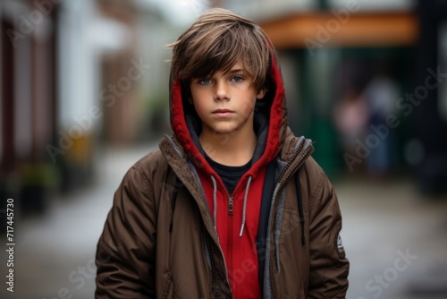 Portrait of a boy in a coat on the street in the city