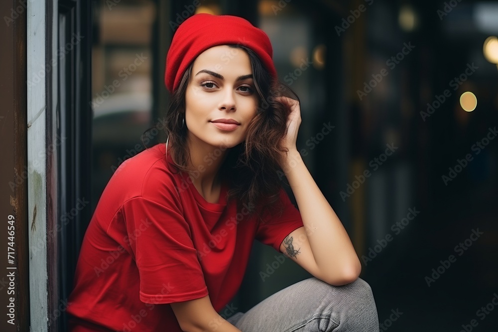 Portrait of a beautiful young woman in red shirt and red hat