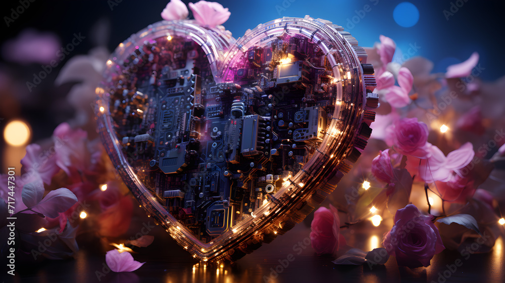 Heart Shape circuit board, Futuristic Valentine concept Illustration, Generative AI