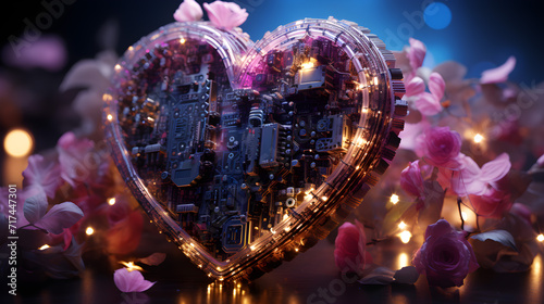 Heart Shape circuit board, Futuristic Valentine concept Illustration, Generative AI
