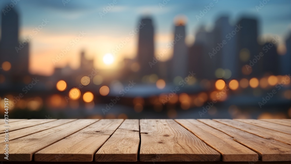 Empty wooden table on defocused blurred city background. Empty wooden table on defocused blurred city background.