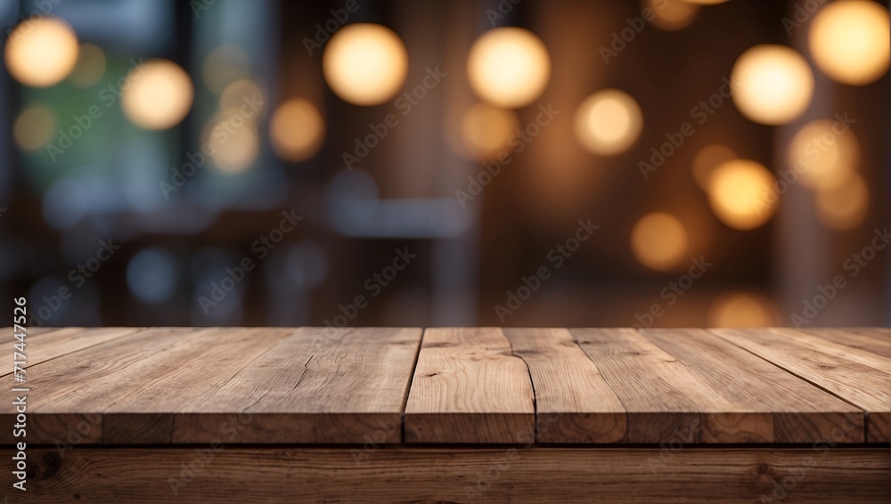 Empty wooden table on defocused blurred light background.