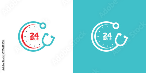24 hour medical care service design template. day/night service button symbol. stethoscope logo concept with time clock