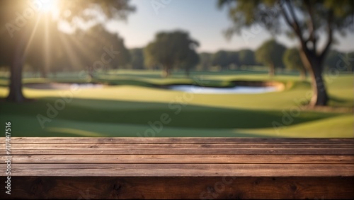 Empty wooden table on defocused blurred golf course background.
