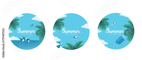 Three circular backgrounds for text about summer travel. sky and soft sunlight hitting coconut trees next to sea serve as background elements photo