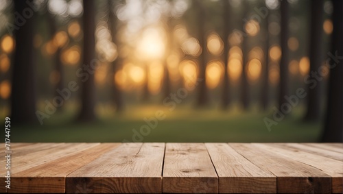 Empty wooden table on defocused blurred light background.