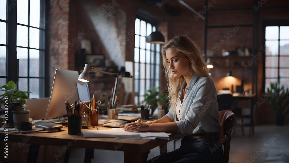 Young female freelancer working in loft office Young female freelancer working in loft office