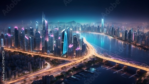 Smart city and abstract dot point connect with gradient line and aesthetic Intricate wave line design   big data connection technology concept .