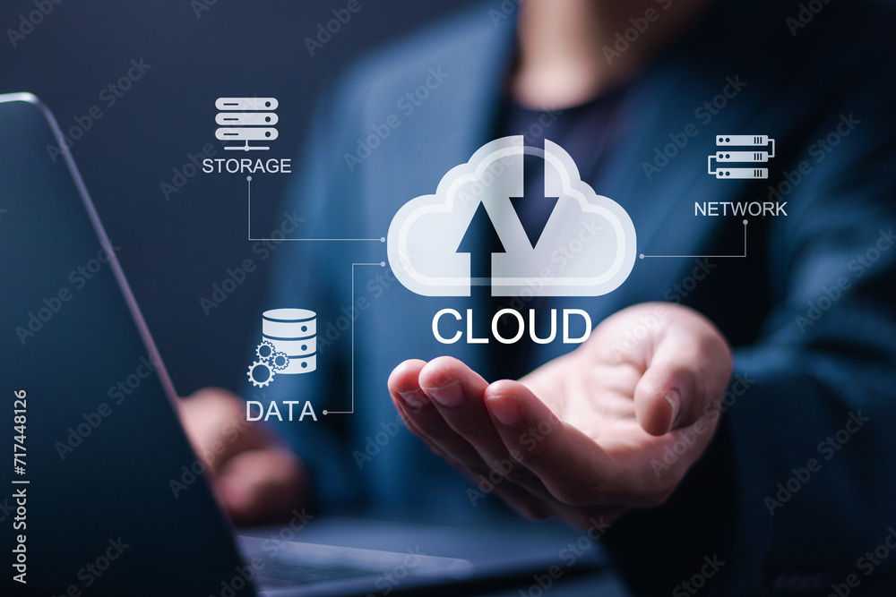 Technology connectivity concept. Businessman use laptop with virtual cloud computing icon for cloud storage network technology. large network of backup platforms, online data storage. Technology connectivity concept. Businessman use laptop with virtual cloud computing icon for cloud storage network technology. large network of backup platforms, online data storage.