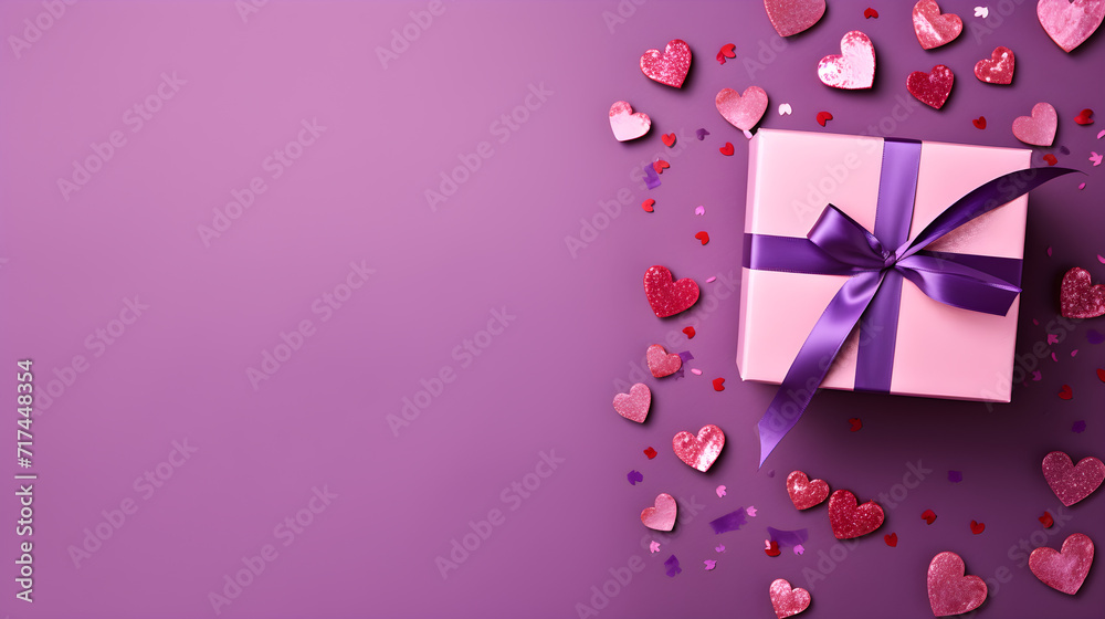 Gift box with beautiful ribbon concept for Valentine's Day, Anniversary, and Mother's Day. Isolated on a Solid Purple Background with copyspace Gift box with beautiful ribbon concept for Valentine's Day, Anniversary, and Mother's Day. Isolated on a Solid Purple Background with copyspace