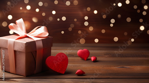 Gift box with beautiful red ribbon concept for Valentine's, anniversary, and Mother's Day. Isolated on Bokeh Background with copyspace
