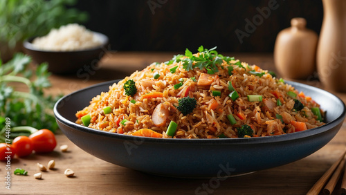 savory essence of Kimchi fried rice on a wooden table the dish from a side view, focusing on the medley of colorful vegetables, aromatic rice, and the tantalizing blend of flavors photo