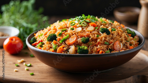 savory essence of Kimchi fried rice on a wooden table the dish from a side view, focusing on the medley of colorful vegetables, aromatic rice, and the tantalizing blend of flavors