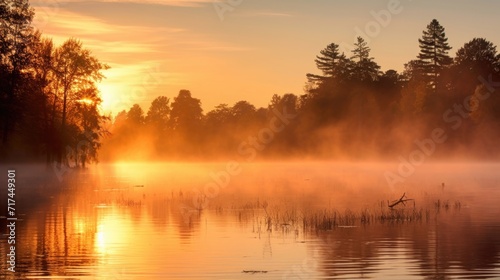 Dawns Embrace The soft glow of sunrise casting a warm light through the fog on a tranquil lake.
