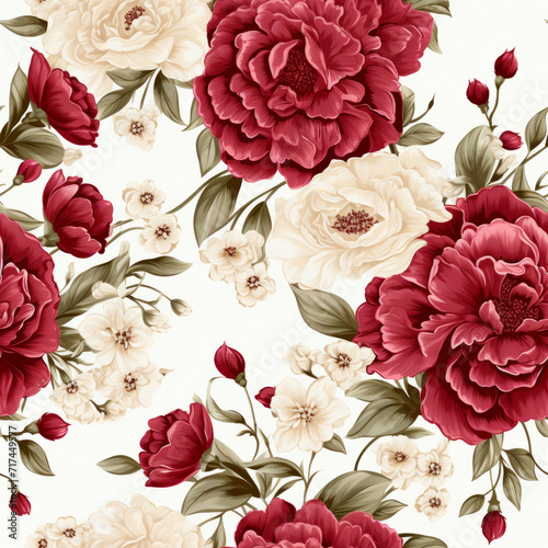 Illustrated Dark Red and White Marigolds on White Background Seamless Pattern