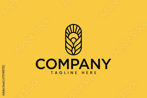 wheat grain flour and sunrise minimalist concept logo for farm and food business label brand identity photo
