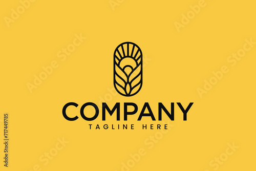 wheat grain flour and sunrise minimalist concept logo for farm and food business label brand identity