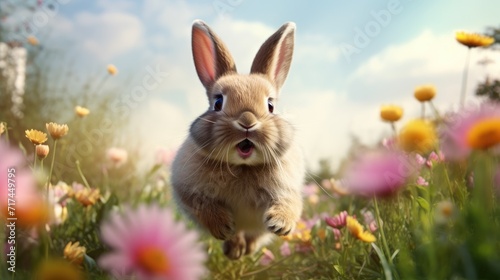 A cute little fluffy rabbit is jumping in a green meadow. Spring flower meadow. Easter holiday.