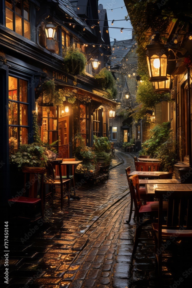 Cozy alleyway lined with pubs and eateries, creating an inviting ambiance in the evening, Generative AI