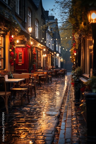 Cozy alleyway lined with pubs and eateries  creating an inviting ambiance in the evening  Generative AI