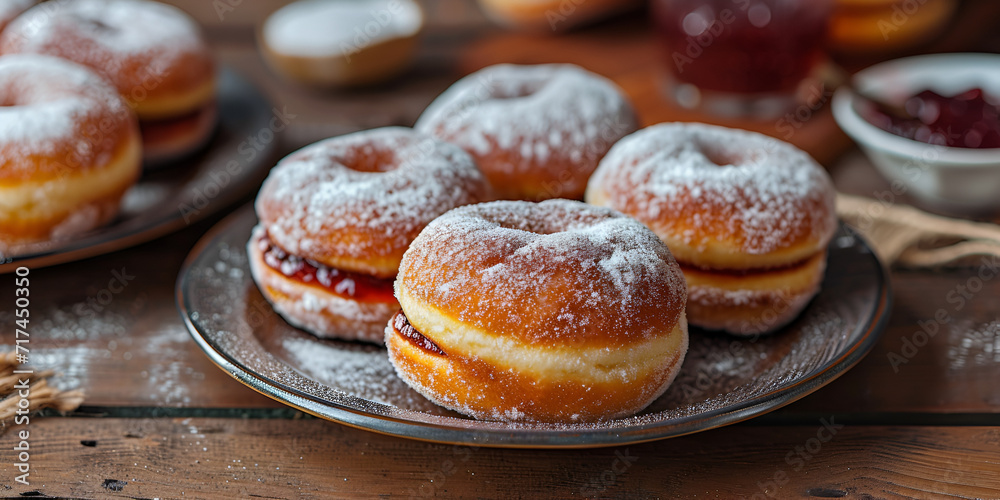 Traditional polish donuts. Fat Thursday. Delicious Berlin donuts. Homemade Polish Pączki Donut with Powdered Sugar. Donuts with marmalade.